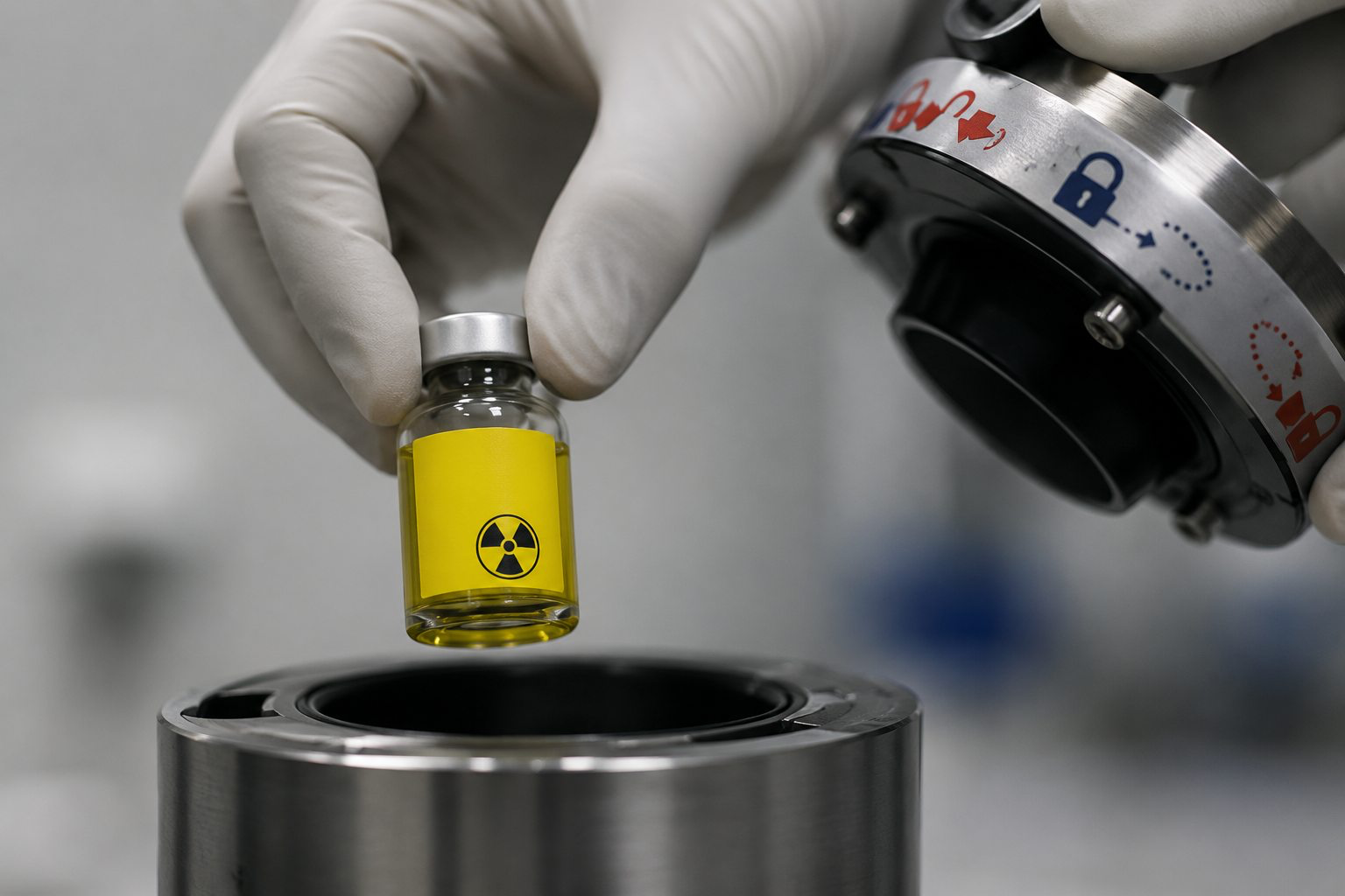 Flacon radioactif médical inséré dans un conteneur de transport blindé